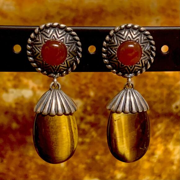 Carolyn Pollack Earrings Sterling Silver, Tigers Eye & Carnelian Agate Dangle - Picture 2 of 7